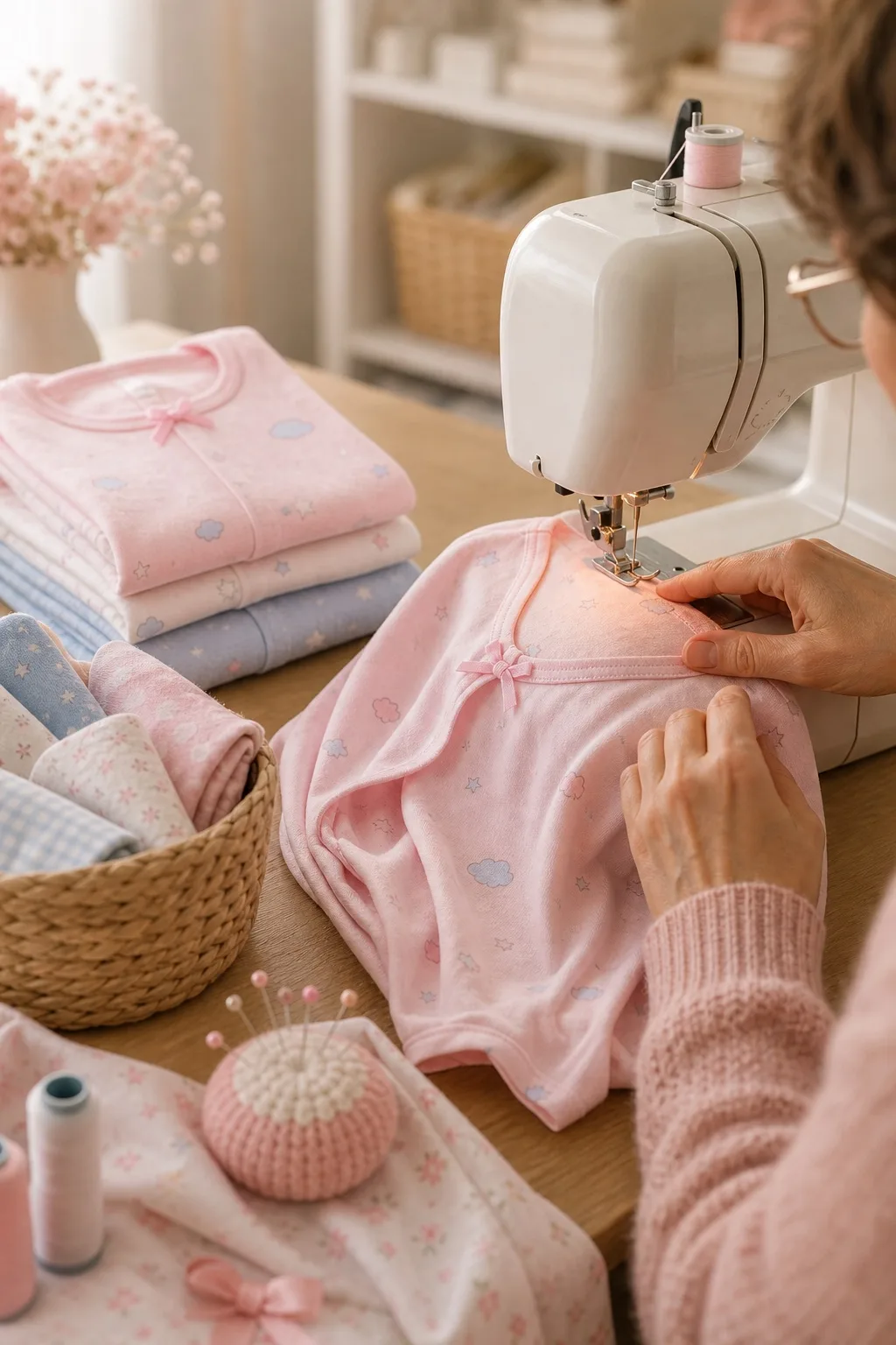 Pijama infantil sendo costurado em ateliê com tecidos delicados
